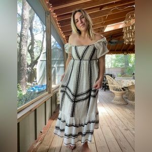 NWT Love Sam Peasant Dress White Black Medium Maxi  Built in bustiers Long